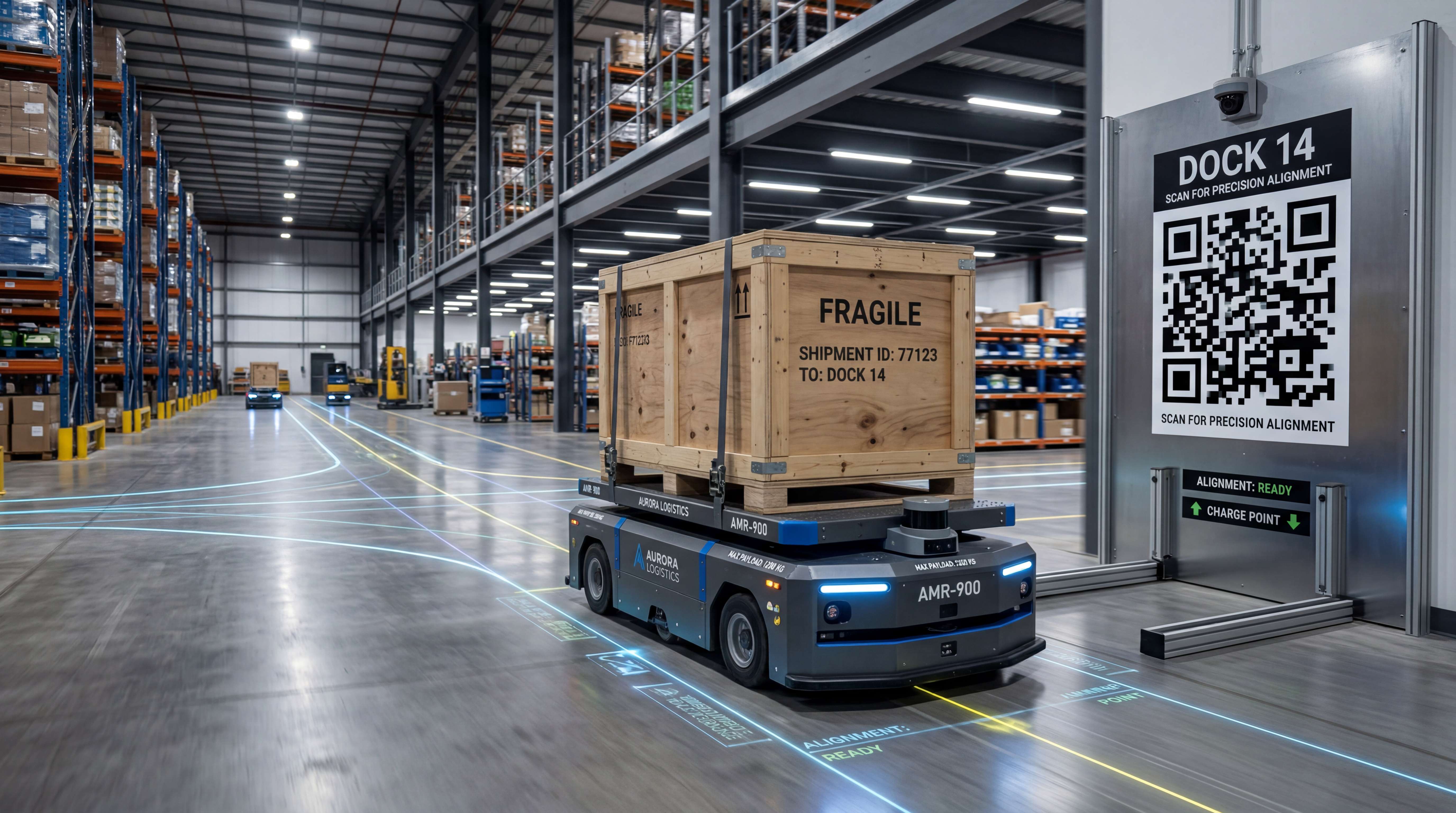 QR code docking alignment for heavy-payload AMR at a warehouse dock station